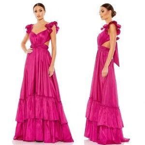 NWT Mac Duggal 68062 TAFFETA RUFFLE SHOULDER CUT OUT GOWN MAGENTA $398